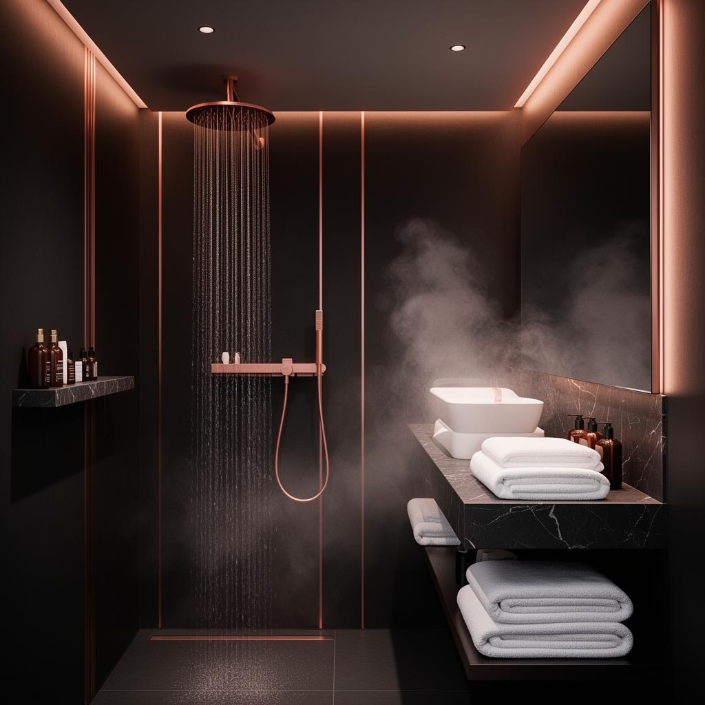 Traveller refresh station at Sarma Spa — rainfall shower and grooming area with rose gold lighting